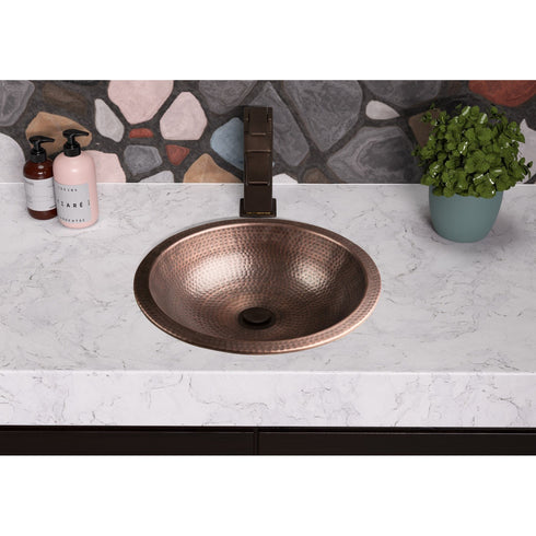 Pure Copper Hand Hammered 16 inch Rotunda Dual Mount Drop In Undermount Bathroom Sink